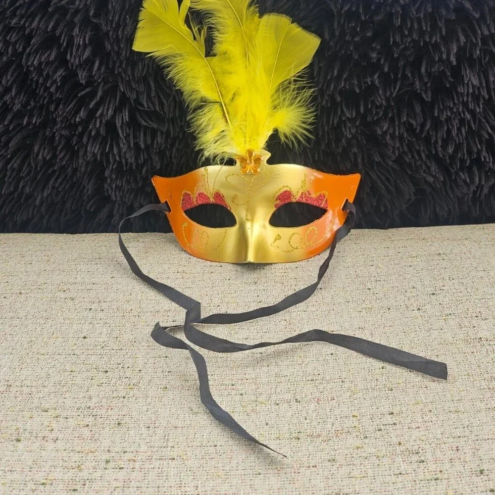 Yellow Faux Feather Mask Party Light Up Face Eye Mask Masquerade Mardi Gras Mask